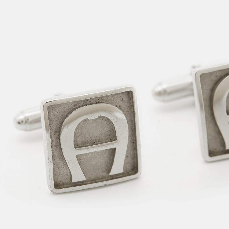 Pre Owned Aigner Logo Silver Tone Cufflinks