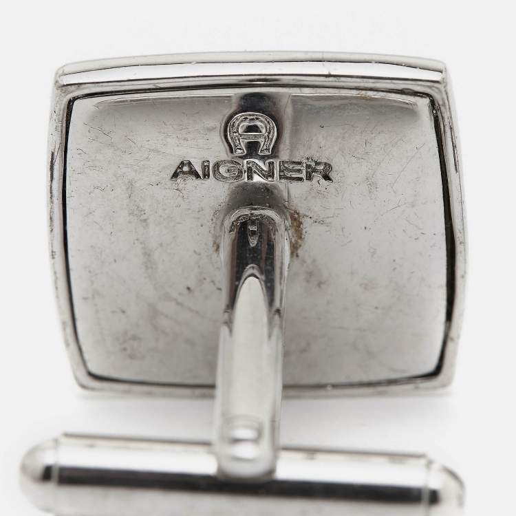 Pre Owned Aigner Logo Leather Silver Tone Cufflinks