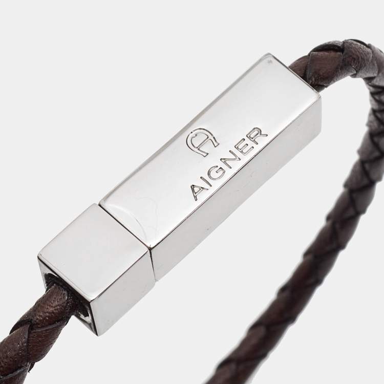 Pre Owned Aigner Braided Leather Silver Tone Bracelet