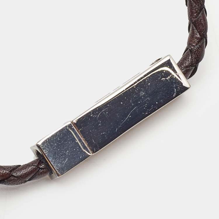 Pre Owned Aigner Braided Leather Silver Tone Bracelet
