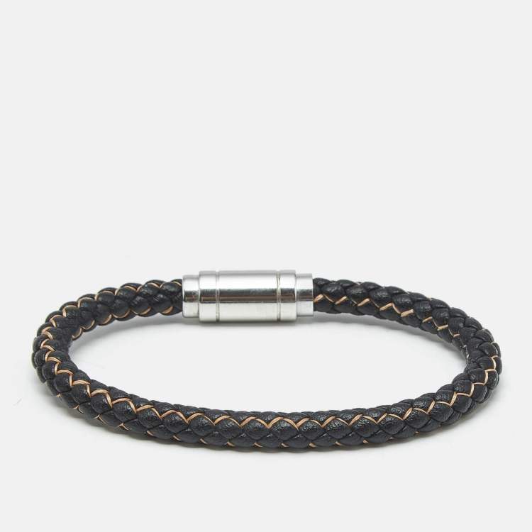 Pre Owned Aigner Braided Leather Silver Tone Bracelet