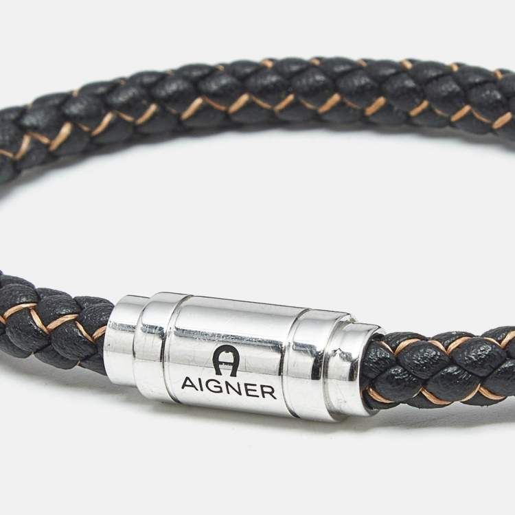 Pre Owned Aigner Braided Leather Silver Tone Bracelet