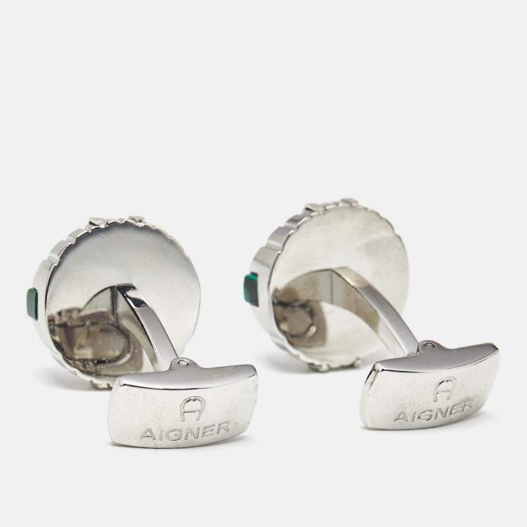 Pre Owned Aigner Logo Green Inlay Textured Silver Tone Round Cufflinks
