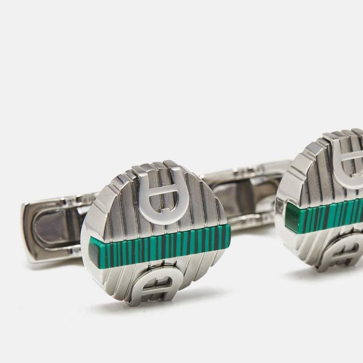 Pre Owned Aigner Logo Green Inlay Textured Silver Tone Round Cufflinks