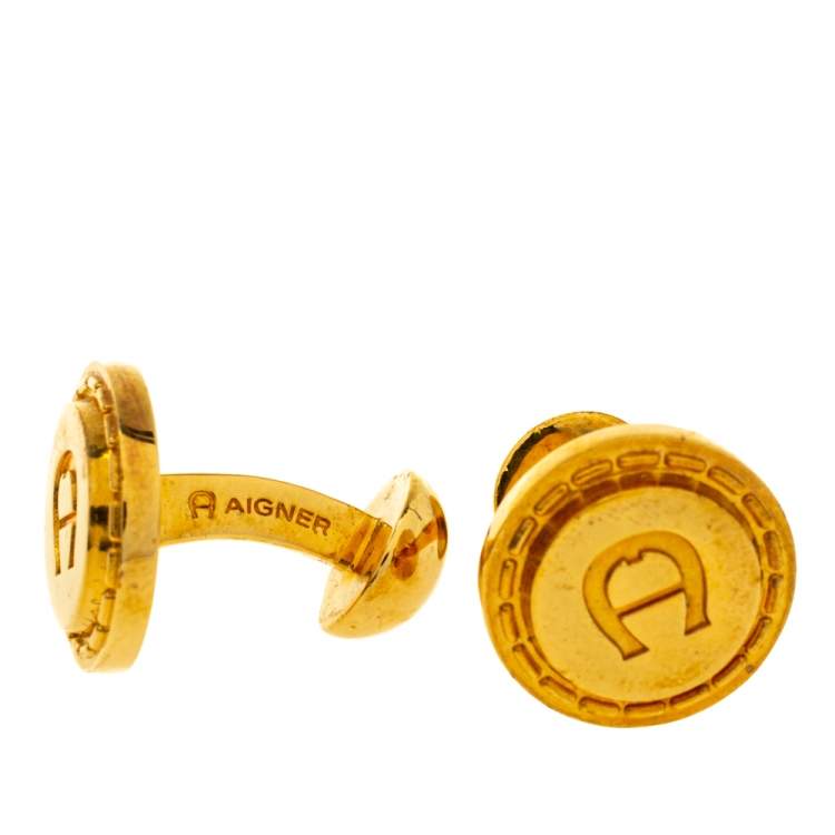 Pre Owned Aigner Logo Gold Tone Cufflinks
