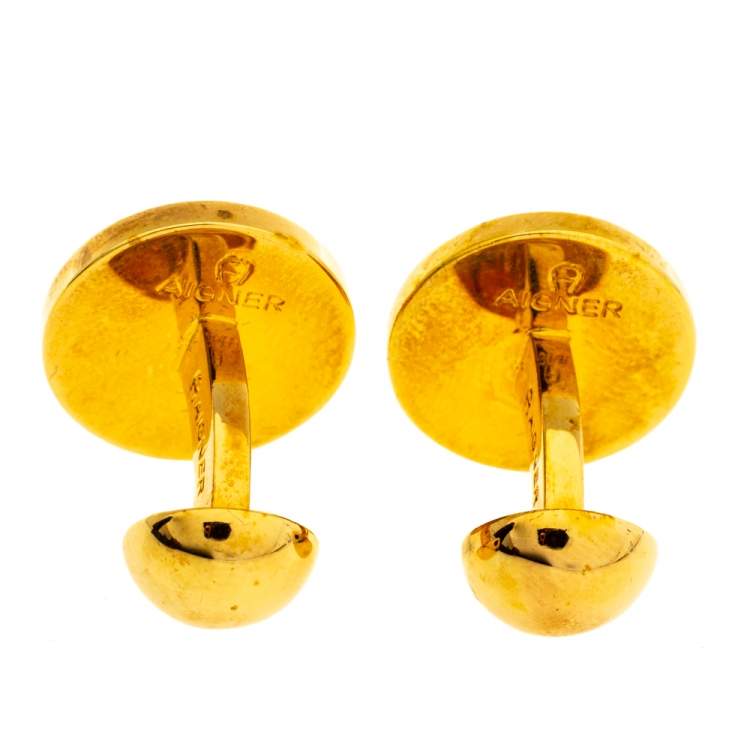 Pre Owned Aigner Logo Gold Tone Cufflinks