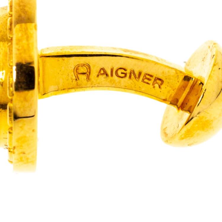 Pre Owned Aigner Logo Gold Tone Cufflinks