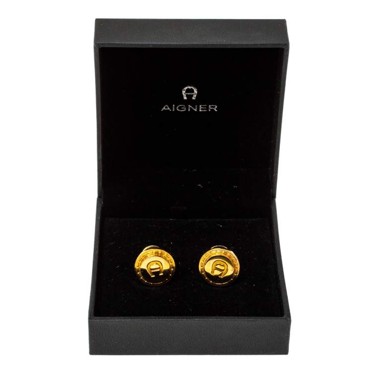 Pre Owned Aigner Logo Gold Tone Cufflinks