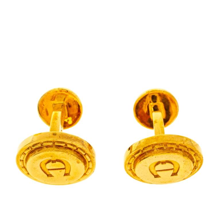 Pre Owned Aigner Logo Gold Tone Cufflinks