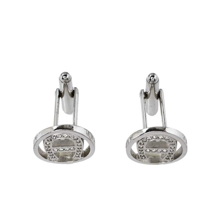 Pre Owned Aigner Crystal Logo Silver Tone Cufflinks