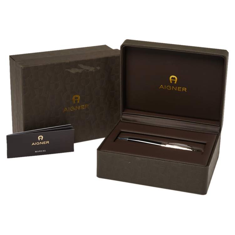 Pre Owned Aigner Logo Black Resin Textured Silver Tone Ballpoint Pen