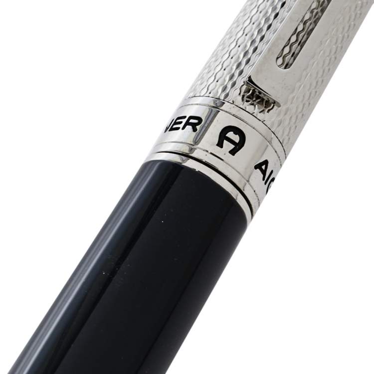 Pre Owned Aigner Logo Black Resin Textured Silver Tone Ballpoint Pen