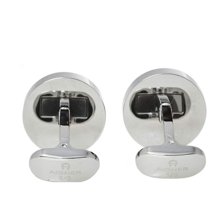 Pre Owned Aigner Black Resin Gold Tone Ballpoint Pen & Two Tone Cufflinks Set