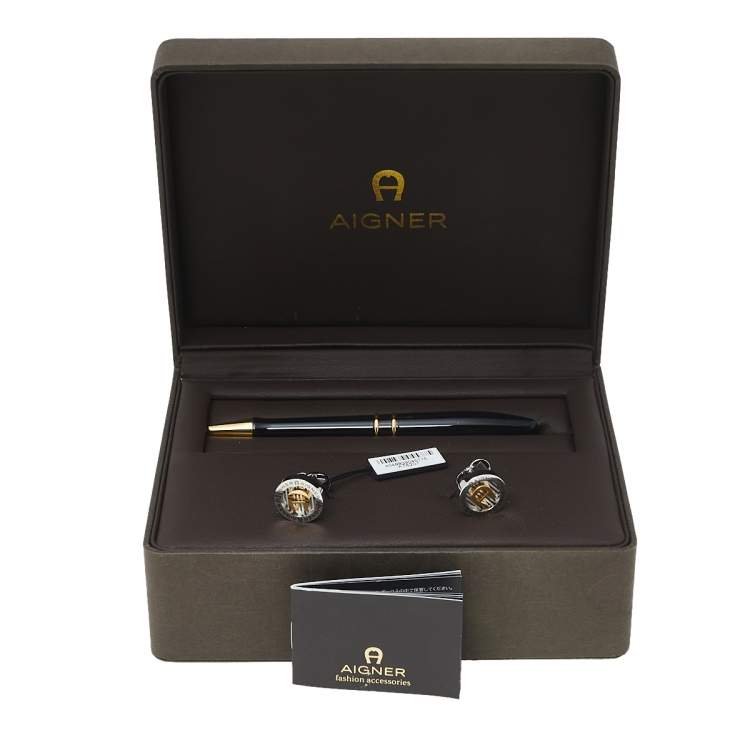 Pre Owned Aigner Black Resin Gold Tone Ballpoint Pen & Two Tone Cufflinks Set