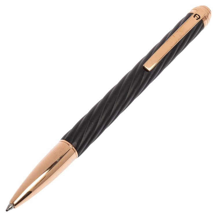 Pre Owned Aigner Black Logo Detail Gold Tone Ballpoint Pen 