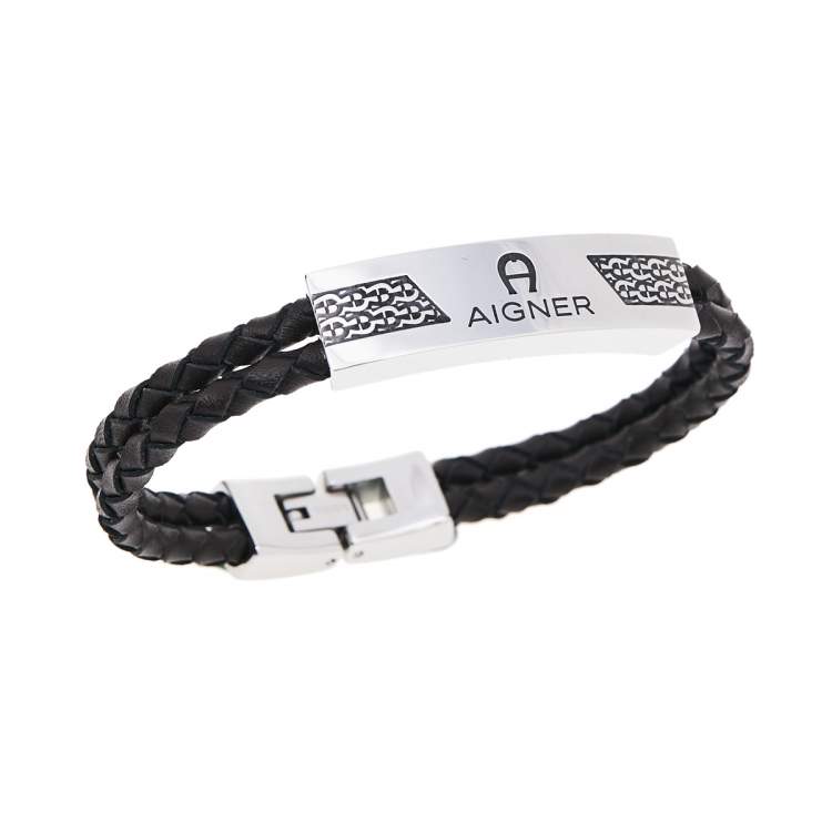 Pre Owned Aigner Brown Braided Leather Logo Bar Bracelet