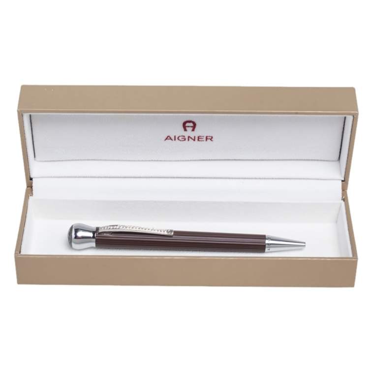 Pre Owned Aigner Brown Composite Crystal Detail Silver Tone Ballpoint Pen