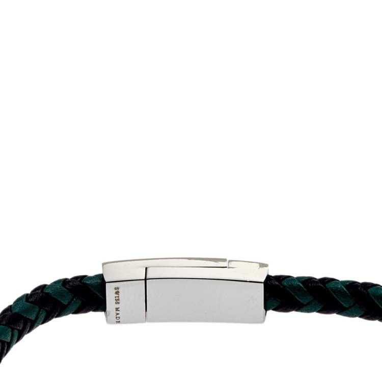 Pre Owned Aigner Green Braided Leather Silver Tone Clasp Bracelet 
