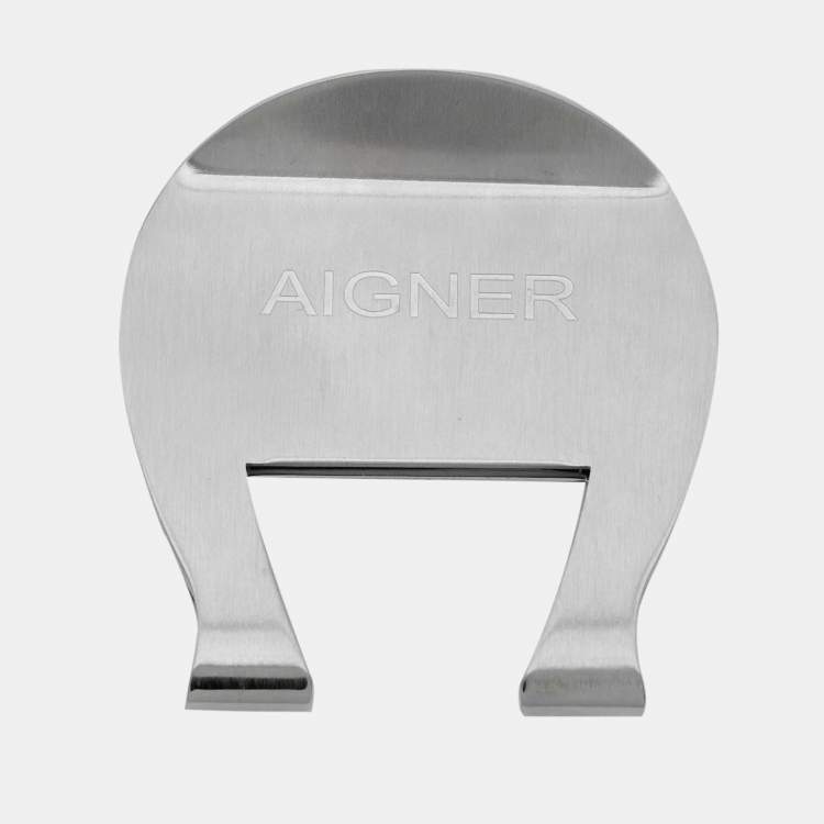 Pre Owned Aigner Silver Tone & Black Composite Logo Money Clip