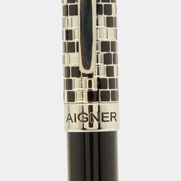 Pre Owned Aigner Leone Checkered Black Composite Silver Tone Ballpoint Pen