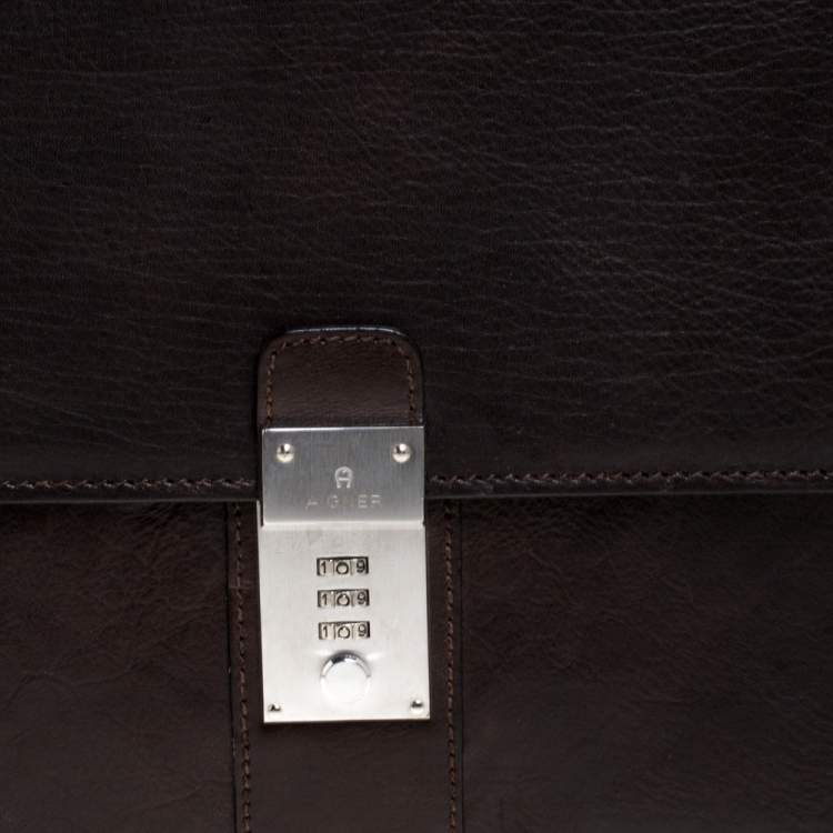 Pre Owned Aigner Dark Brown Leather Top Briefcase