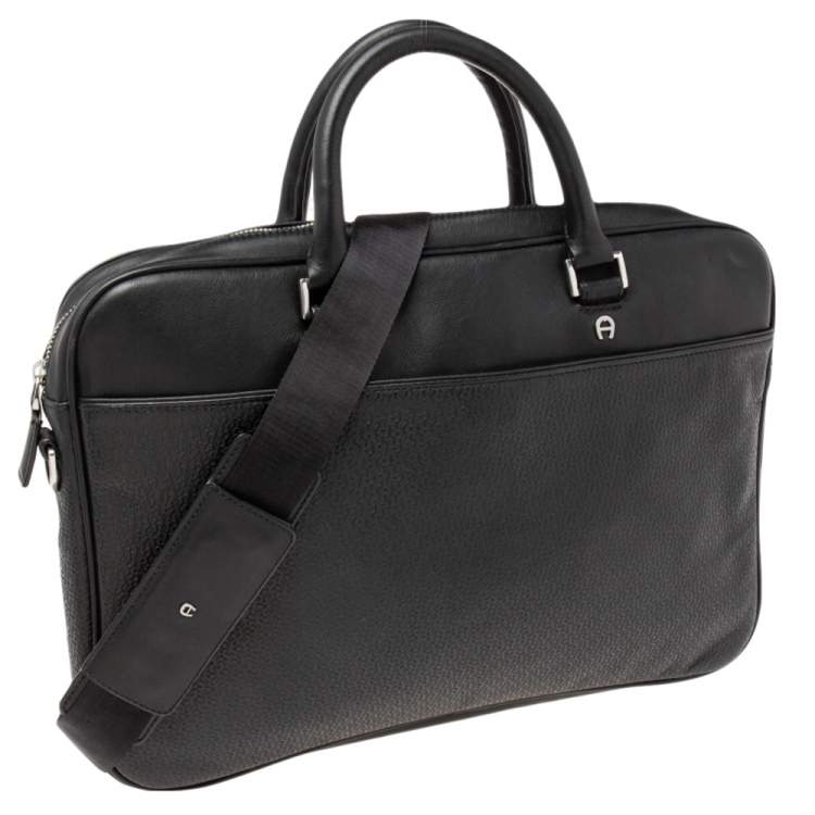 Pre Owned Aigner Black Textured Leather Laptop Bag