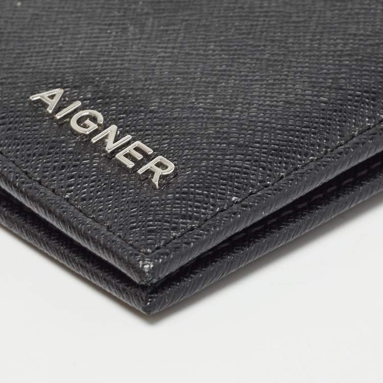 Pre Owned Aigner Black Leather Logo Bifold Wallet