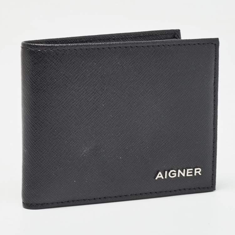 Pre Owned Aigner Black Leather Logo Bifold Wallet