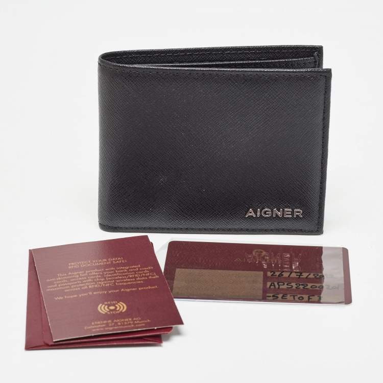 Pre Owned Aigner Black Leather Logo Bifold Wallet