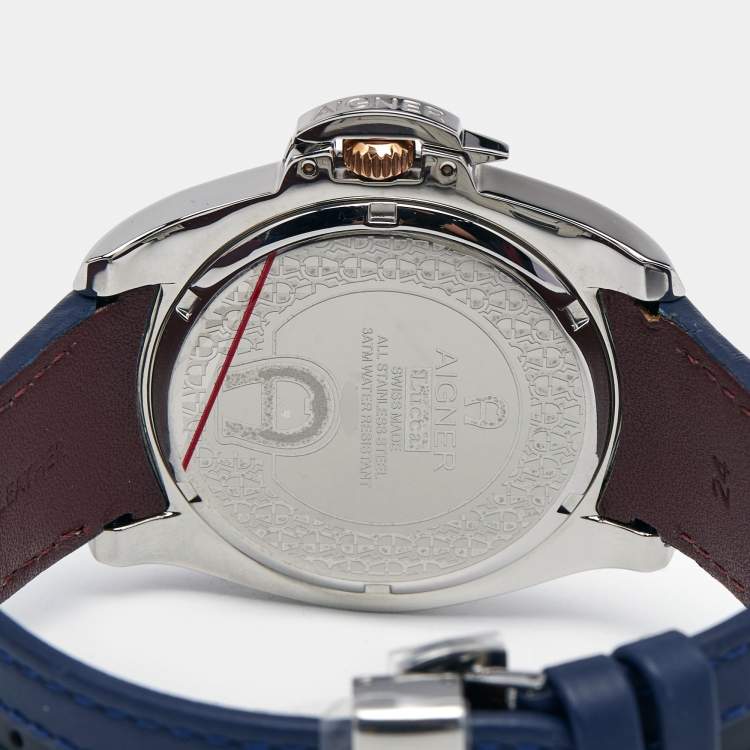 Pre Owned Aigner Blue Two Tone Stainless Steel Leather Lucca A18100 Men's Wristwatch 45 mm