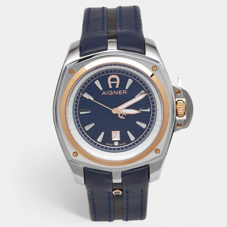 Pre Owned Aigner Blue Two Tone Stainless Steel Leather Lucca A18100 Men's Wristwatch 45 mm