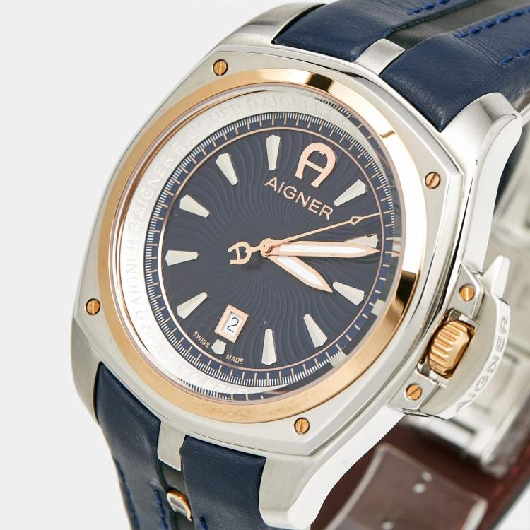 Pre Owned Aigner Blue Two Tone Stainless Steel Leather Lucca A18100 Men's Wristwatch 45 mm
