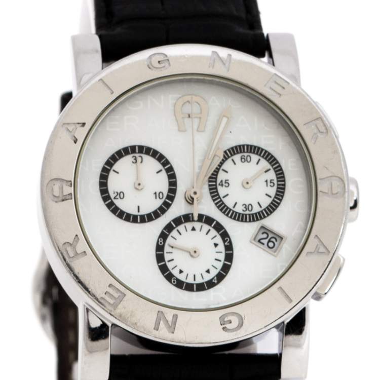 Pre Owned Aigner Mother of Pearl Stainless Steel Cortina Chrono A26100 Men's Wristwatch 38 mm