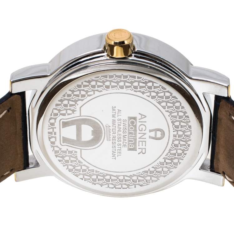 Pre Owned Aigner Two-Tone Stainless Steel and Leather Cortina A26000 Men's Wristwatch 41 mm
