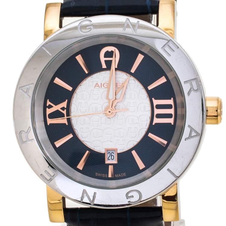 Pre Owned Aigner Two-Tone Stainless Steel and Leather Cortina A26000 Men's Wristwatch 41 mm