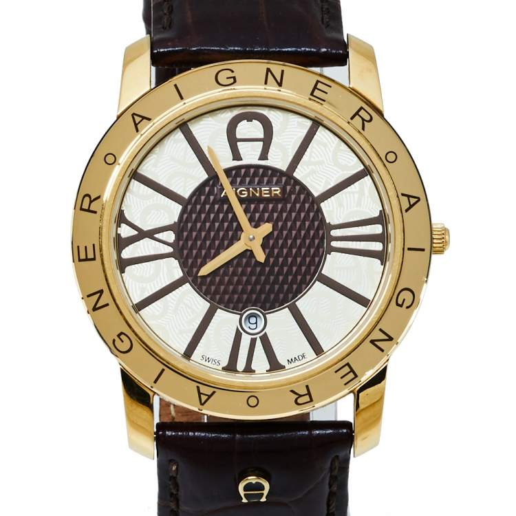 Pre Owned Aigner Gold Tone Stainless Steel & Leather Murano A35100 Men's Wristwatch 40MM