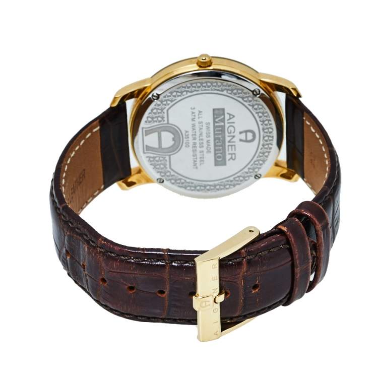 Pre Owned Aigner Gold Tone Stainless Steel & Leather Murano A35100 Men's Wristwatch 40MM