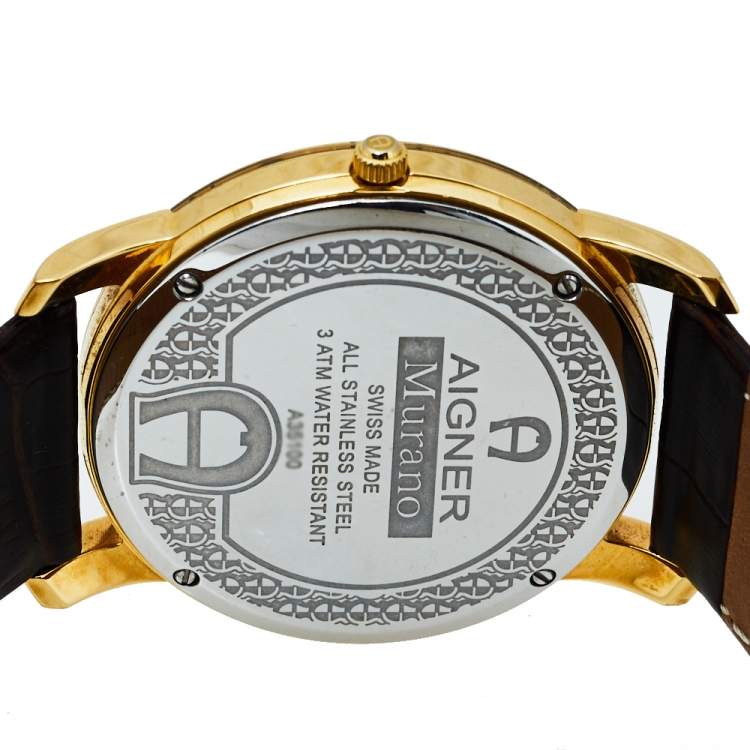 Pre Owned Aigner Gold Tone Stainless Steel & Leather Murano A35100 Men's Wristwatch 40MM