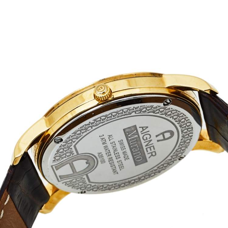 Pre Owned Aigner Gold Tone Stainless Steel & Leather Murano A35100 Men's Wristwatch 40MM