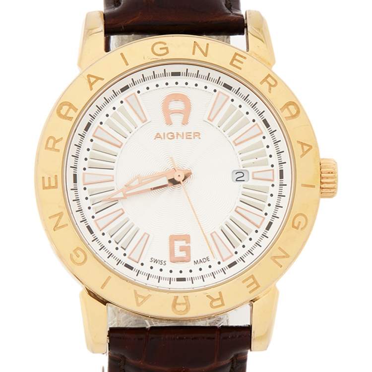 Pre Owned Aigner Silver Gold Plated Stainless Steel Leather Cortina A26000 Men's Wristwatch 42 mm