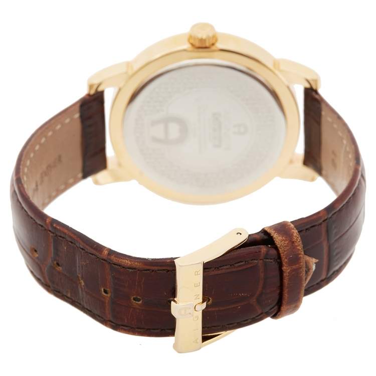 Pre Owned Aigner Silver Gold Plated Stainless Steel Leather Cortina A26000 Men's Wristwatch 42 mm