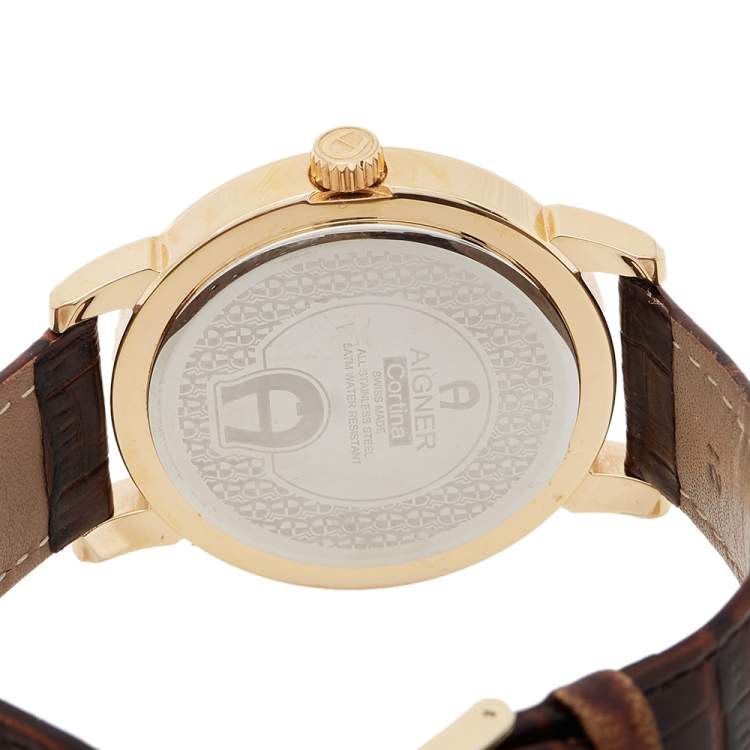 Pre Owned Aigner Silver Gold Plated Stainless Steel Leather Cortina A26000 Men's Wristwatch 42 mm