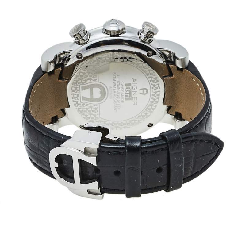 Pre Owned Aigner Silver Stainless Steel & Leather Bari A37500 Men's Wristwatch 44 mm