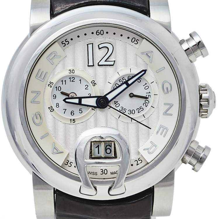 Pre Owned Aigner Silver Stainless Steel & Leather Bari A37500 Men's Wristwatch 44 mm