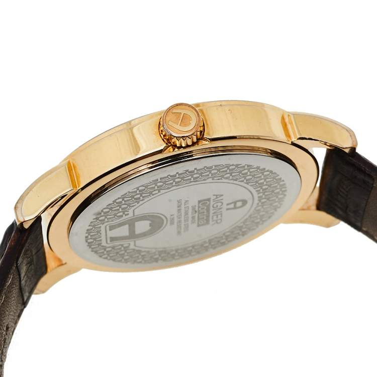Pre Owned Aigner Silver Gold Tone Stainless Steel Leather Cortina A26000 Men's Wristwatch 42 mm