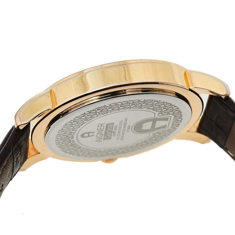 Pre Owned Aigner Silver Gold Tone Stainless Steel Leather Cortina A26000 Men's Wristwatch 42 mm