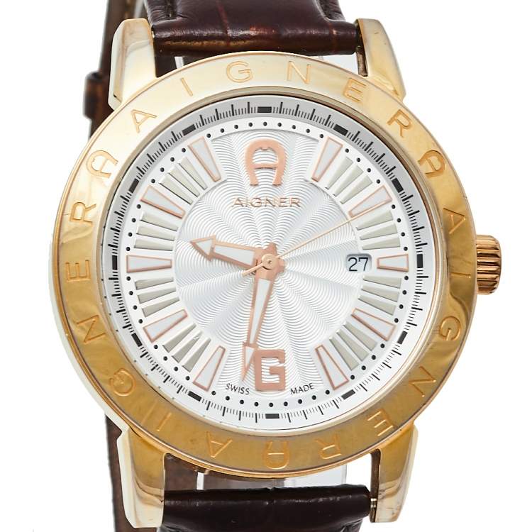 Pre Owned Aigner Silver Gold Tone Stainless Steel Leather Cortina A26000 Men's Wristwatch 42 mm