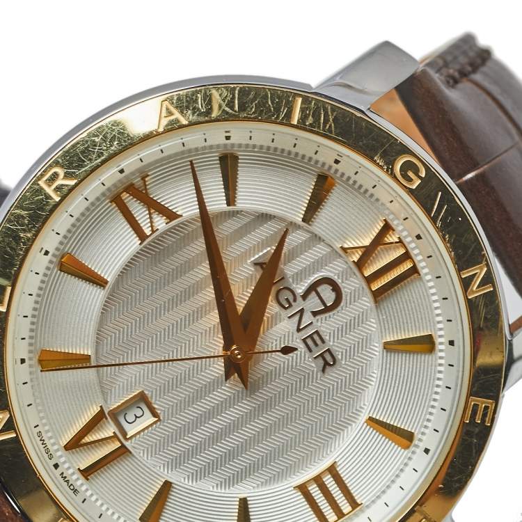 Pre Owned Aigner Silver Two-Tone Stainless Steel Leather Triento A09000 Men's Wristwatch 42 mm