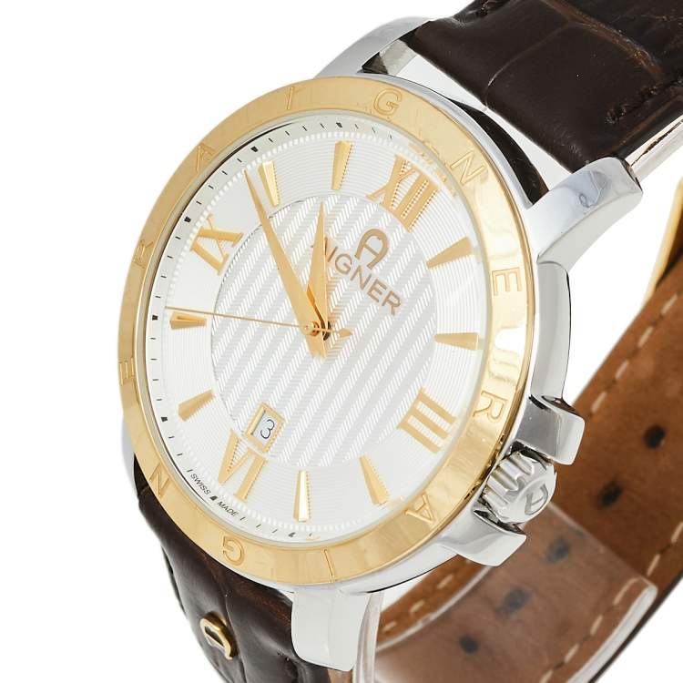 Pre Owned Aigner Silver Two-Tone Stainless Steel Leather Triento A09000 Men's Wristwatch 42 mm