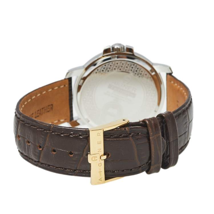 Pre Owned Aigner Silver Two-Tone Stainless Steel Leather Triento A09000 Men's Wristwatch 42 mm